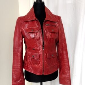 Guess Red Leather Zip-Up Jacket with Flap Pockets